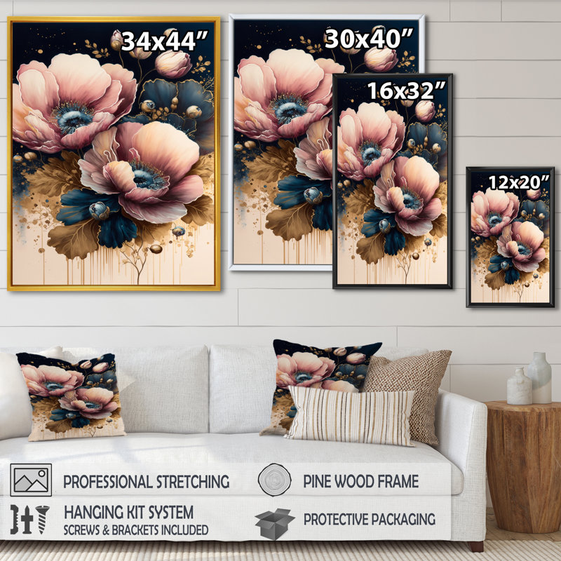 «Bold Pink and Blue Poppy Flowers I», impression sur toile, H 40 po x l 30 po x P 1,5 po, Toile avec cadre flottant noir