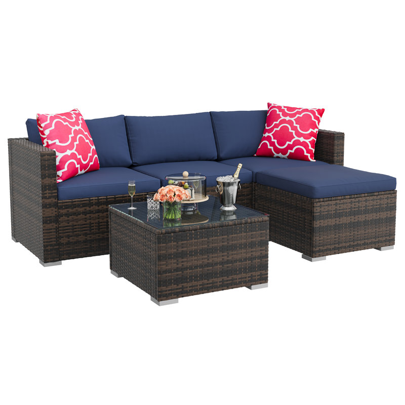 Classic 5-Piece Outdoor Patio Furniture Set – All-Weather Brown Four-Line Rattan Sectional Sofa with Navy Blue Cushions, Red Pillows, Glass Table & Ottoman – Garden, Backyard, Porch, Poolside – Brown four-line rattan + navy blue cushion + red pillow
