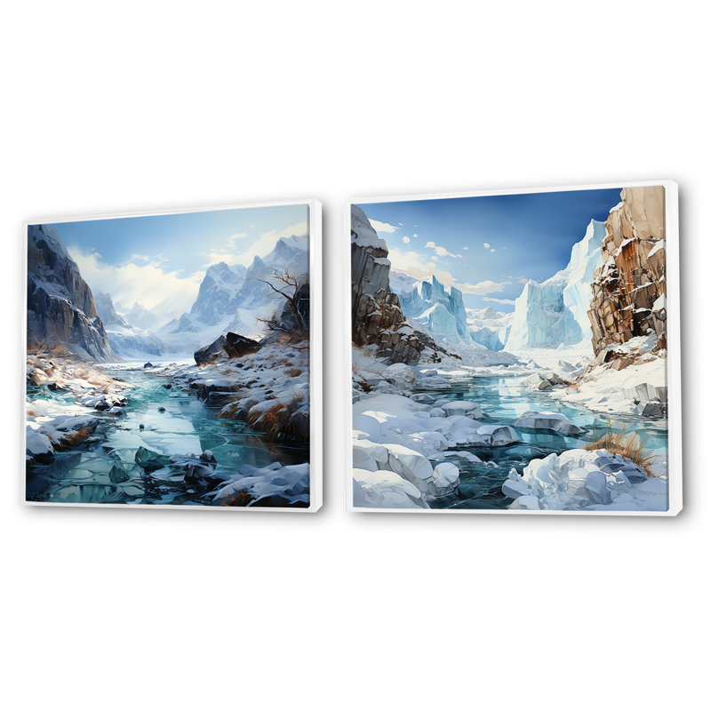 Island - charme de glacier en hiver - ensemble de 2 collages carrés Glacier, Cadre flottant blanc, H 16 po x l 33 po