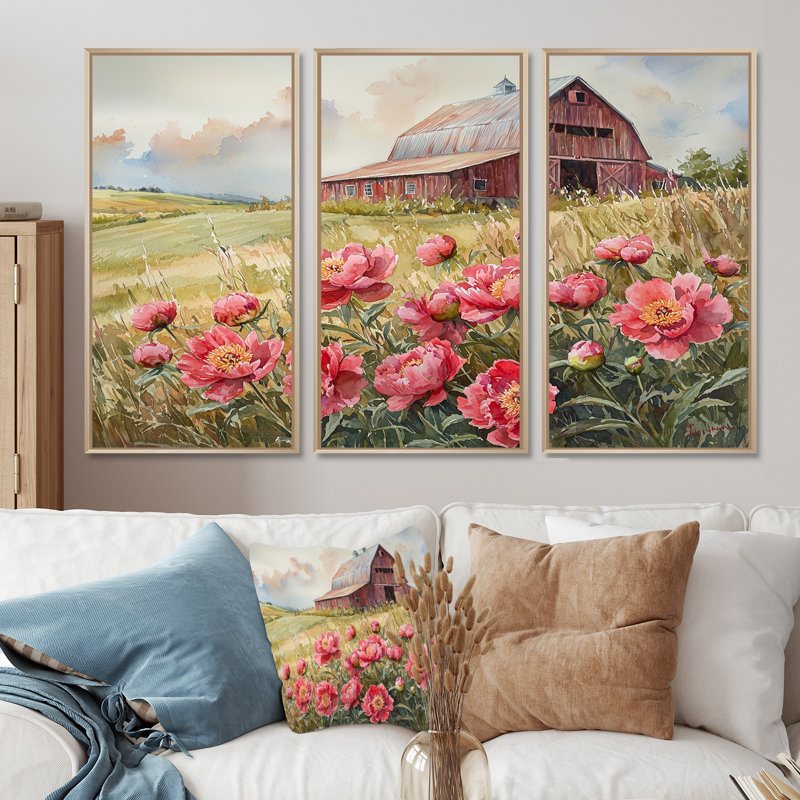 Pivoines dans la brise de basse-cour VI - décorations murales pivoines - 3 pièces, H 40 po x l 60 po, Érable