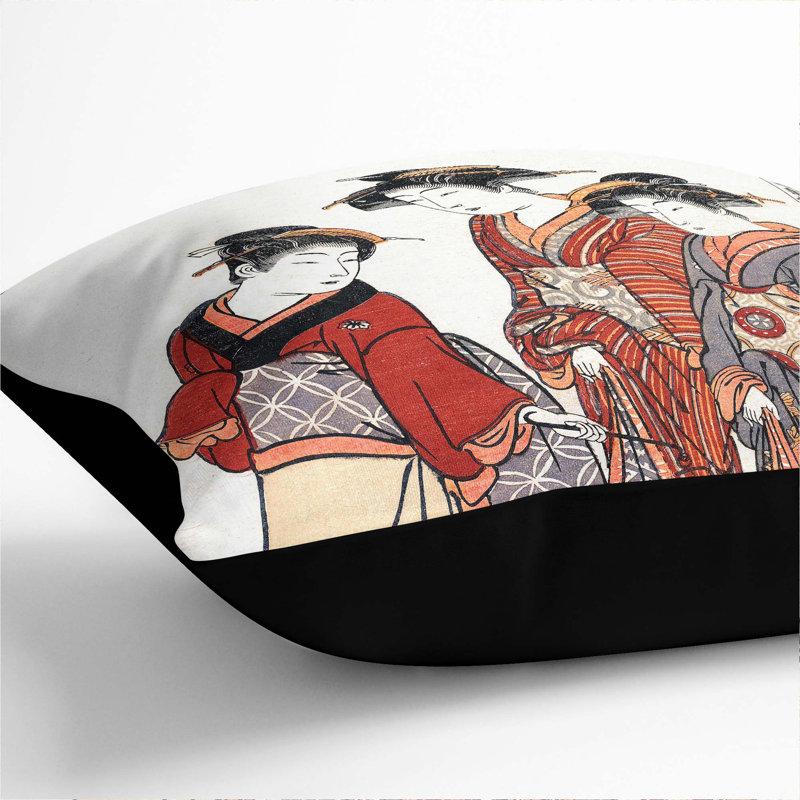 Maid and Two Geisha by Torii Kiyonaga Cushion with Filling, 40cm H x 40cm W x 15cm D, Black