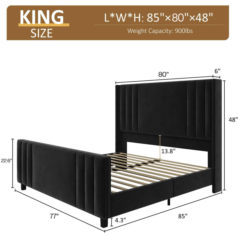 Tole Velvet Upholstered Platform Bed with Vertical Channel Tufted Headboard, Black, King