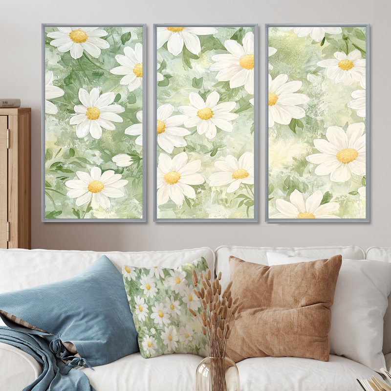 Ensemble de décorations murales «Daisy Field Charm In Summer I», Argent argent, Reproduction avec cadre flottant