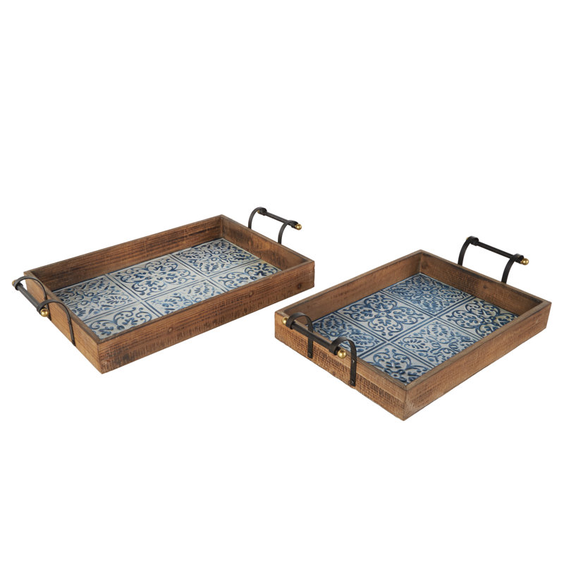 Ensemble de 2 plateaux décoratifs floraux en bois brun avec motifs de tuiles de 23 po x 19 po