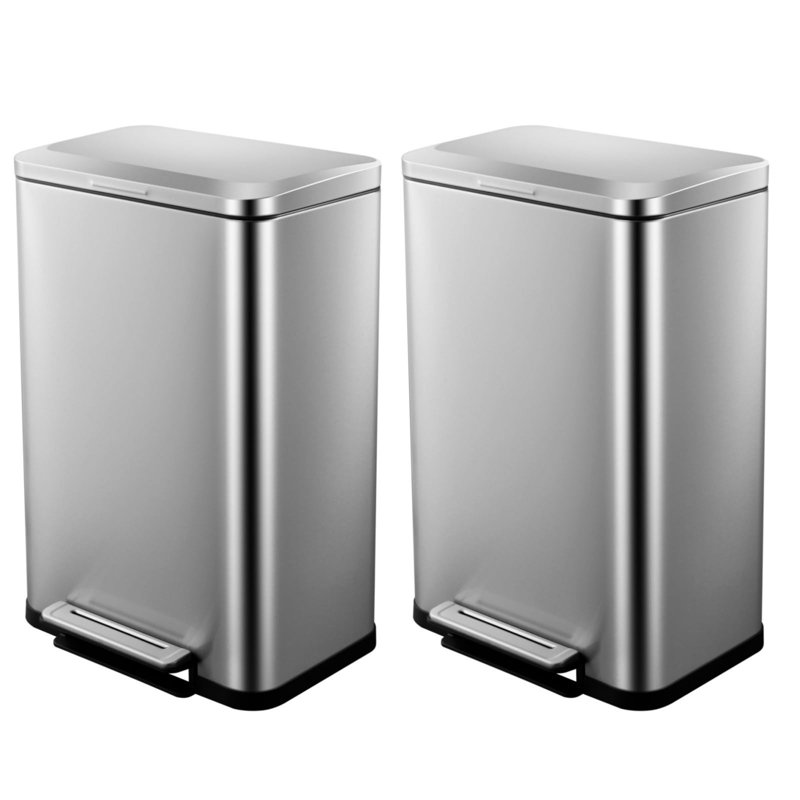 Ensemble de poubelles à pédale mains libres - 13 gallons (50 L) et 2 gallons (8 L) - Poubelles rectangulaires en acier inoxydable, seaux intérieurs amovibles, résistant aux taches et aux traces de doigts, couvercle à fermeture en douceur pour la cuisine, le bureau, la salle de bain, le système par défaut