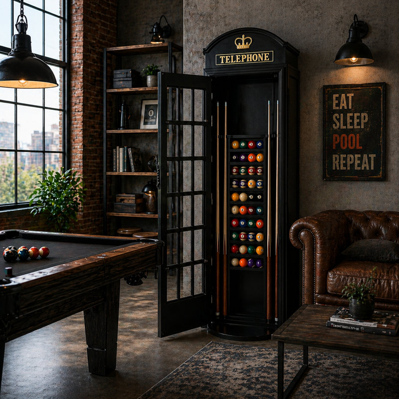 Black Old English Telephone Booth  Pool Cue Rack By Ram Game Room