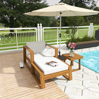 3-Piece Acacia Wood Outdoor Lounge Set - Chair And Ottoman With Removable Cushions, All-Weather Patio Sectional Chaise Lounge/Daybed