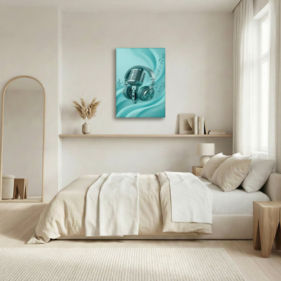 Ensemble de 1 tableau sur toile représentant un microphone et un casque vintage avec des notes de musique