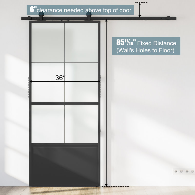 Black Aluminum and Frosted Glass Sliding Barn Door with Installation Kit