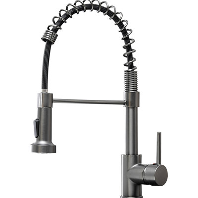 Grey Kitchen Faucet With Pull-Down Spray, Single Handle, Easy Clean, Matte Black, Long Neck Spout Pull Down Faucet, 360-Degree Rotation, For Sinks