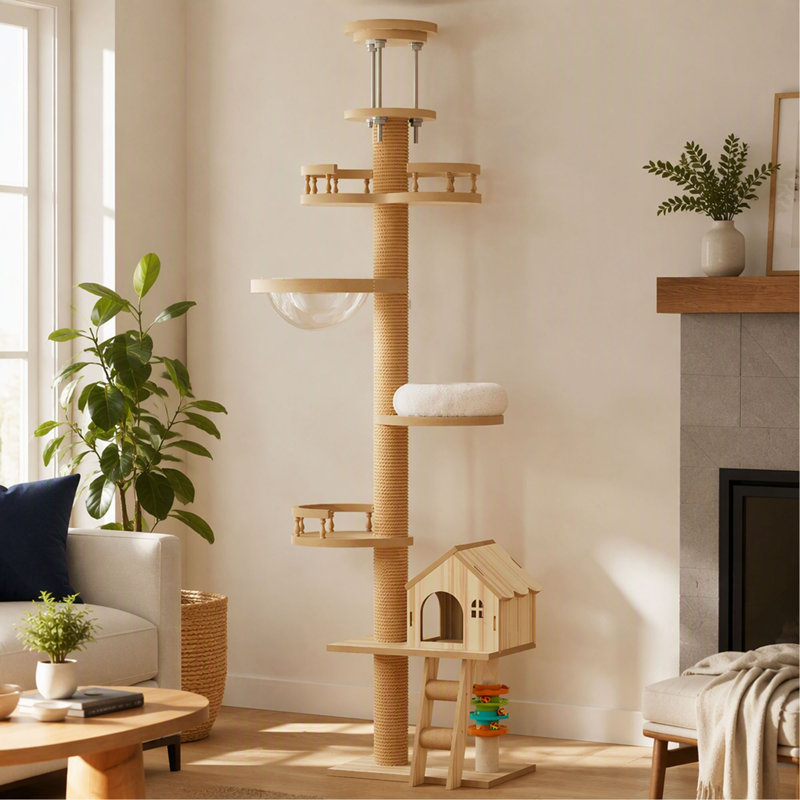 Arbre à chat, tour du sol au plafond avec griffoir, hauteur réglable (98-110"), grand lit-grotte en bois et hamac