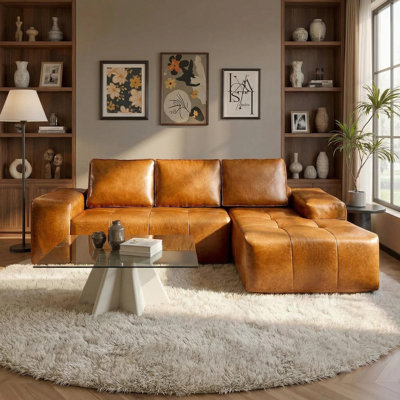 96” Boneless Leather Sectional Couches for Living Room, Brown Faux Leather Couch, Modular Cloud L‑Shaped Sofas with Spring Cushions, No Assembly Required, Cat-Claw Resistant, Right Chaise