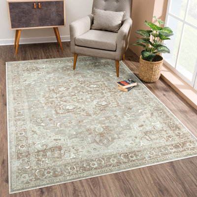 Washable Non-Slip 5' x 7' Rug - Beige / Gray Traditional Oriental Area Rug