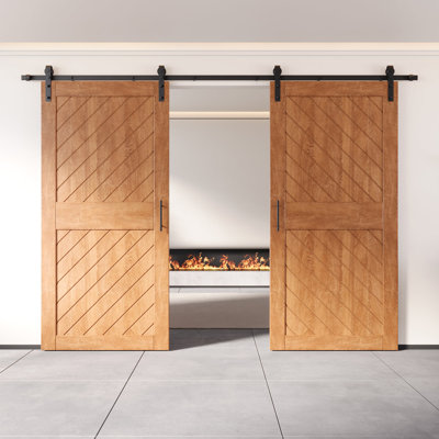 Homacer early american unassembled & finished slanted stripe design two barn door with non-bypass installation hardware kit, interior use only