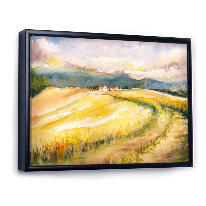 «Italian Blossoming Hayfields», peinture sur toile, H 12 po x l 20 po, Cadre flottant noir