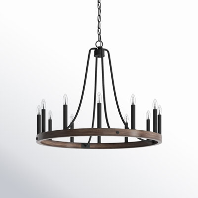 Adriana 12-Light Dimmable Steel Wagon Wheel Chandelier with Sloped Ceiling Adapter