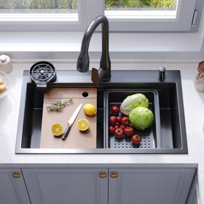 Black Stainless Steel Single Bowl Kitchen Sink, Drop-In Workstation Sink With Sliding Accessories