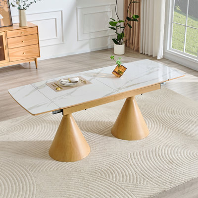 Extendable Stone-Top Dining Table: White Marble-Patterned Tabletop With Wood-Colored Tapered Metal Legs. A Modern, Luxury-Inspired Rectangular Dining