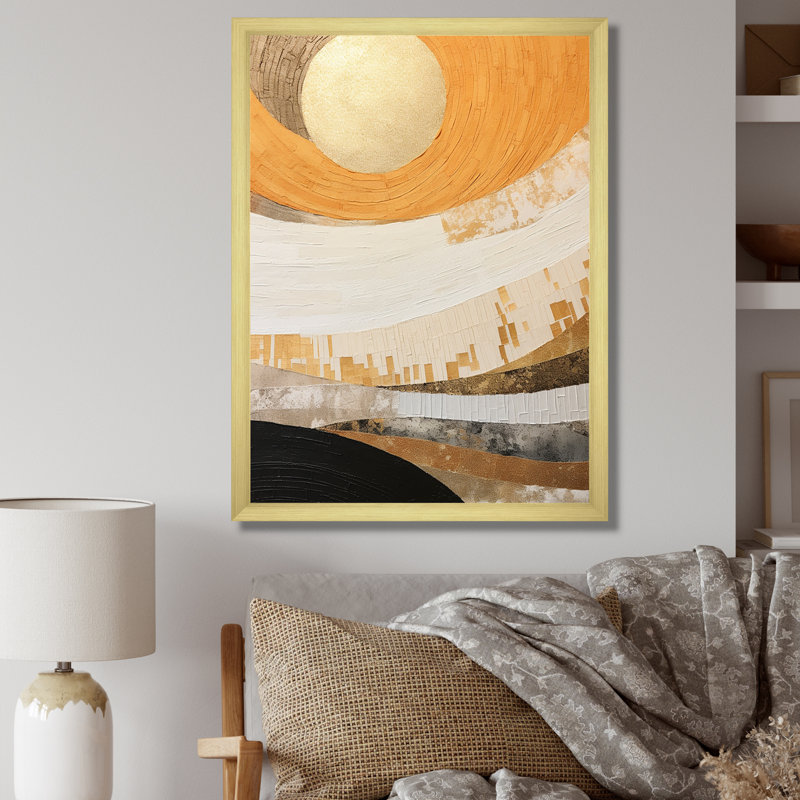«Geometric Golden Beige Sunset Harmony II», reproduction sur toile, H 32 po x l 16 po x P 1 po, Encadrement doré