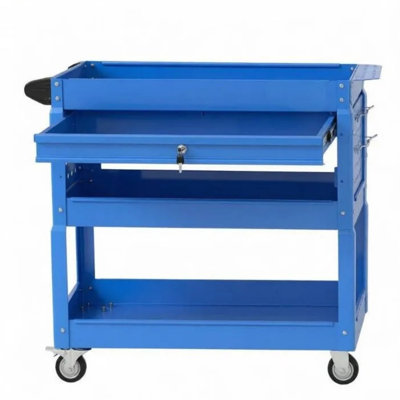 3 Tier Rolling Utility Tool Cart with Lockable Drawer, Mobile Workshop Garage Storage Organizer with Casters and Handle