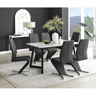 Industrial Design White & Grey Marble Effect Melamine Dining Table Set with 6 Faux Leather Chairs