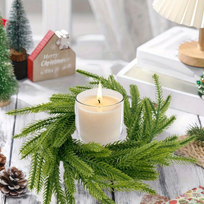 4 Pcs Christmas Norfolk Pine Wreath Candle Rings Wreath 10.23 Inch Artificial Pillars Wedding Candle Wreaths Green Garland Ornament for Xmas Holiday Wedding Farmhouse Table Centerpiece