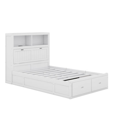 Wood Full Size Hydraulic Platform Bed With Storage LED Headboard, Charging Station And Drawers
