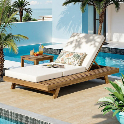 Outdoor Acacia Solid Wood Chaise Lounge Set, 4-Position Adjustable Recliner, Triple-Fold 4" Water-Resistant Cushion, Extra-Wide 37.75" Frame, 800 lb Weight Capacity