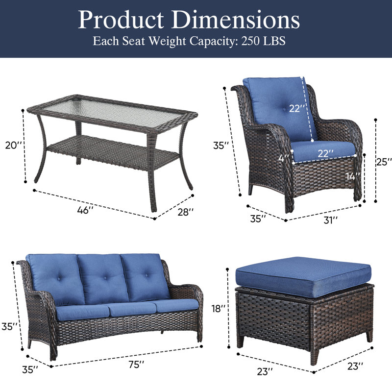 Carolina 6-Piece Square Outdoor Conversation Set With 3-Seat Sofa And Armchair, Blue