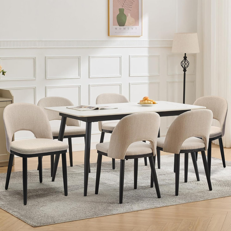 Wooden Dining Chairs, Modern Fabric Upholstered Dining Room Chai with High Back, Beige