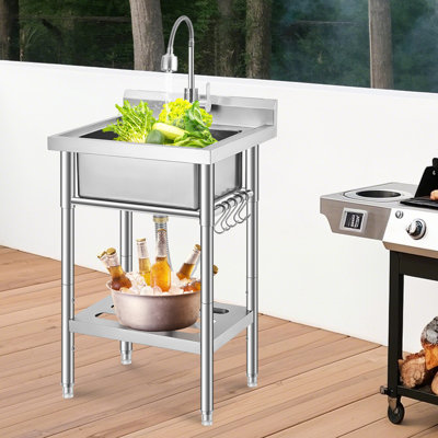 21" Stainless Steel Utility Sink Workstation – Freestanding Sink with Adjustable Height, Faucet, Storage Drawer, Knife Rack, Hooks & Drain Kit – For Kitchen, Laundry, Garage or Outdoor Use