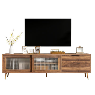 75"+ Tv Stand With 2 Drawers And Storage, Glass Doors, Walnut, Living Room Modern Walnut Console Drawers, For Tv,