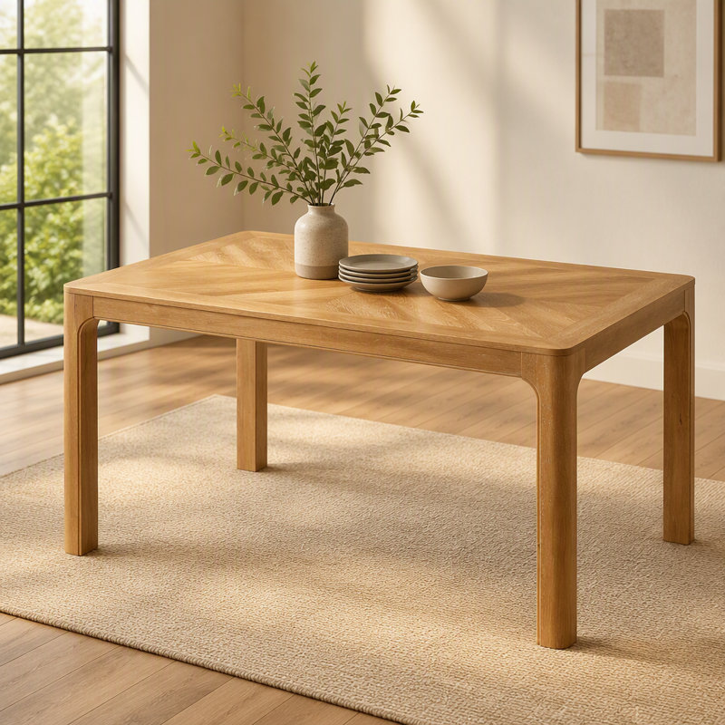 Table de salle à manger rectangulaire avec dessus de style parquet, coins arrondis, pieds incurvés et pieds ajustables (naturels)
