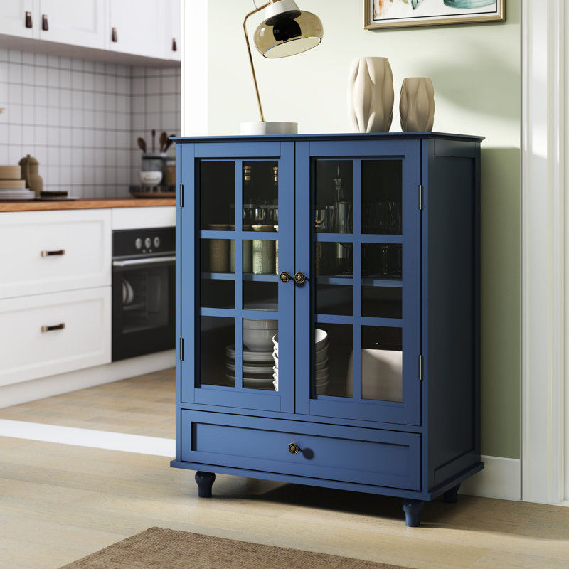 Armoire multifonctionnelle rétro bleue avec tiroir spacieux, portes en verre double et pieds en bois massif, idéale pour la cuisine du salon