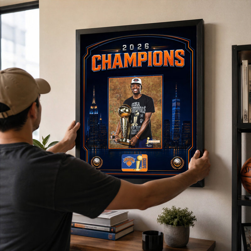 OG Anunoby New York Knicks, conception d'horizon orange, cadre à photo encadré 18 x 22 po, cadre mural noir