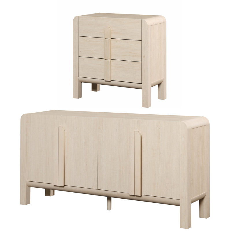 Ensemble de chambre à coucher 2 pièces, ensemble de commode et table de chevet de style Mid-Century pour la chambre à coucher, commode moderne à profil incurvé, ensemble de commode en bois