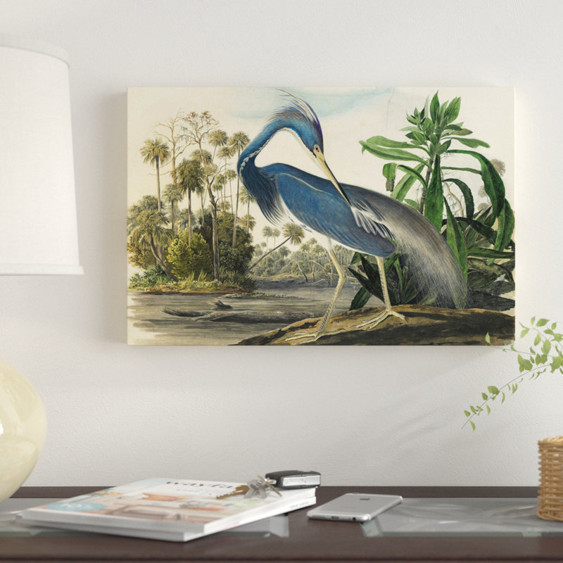 «Blue Heron», reproduction sur toile, H 18 po x l 26 po x P 1,5 po, Toile avec cadre noir, Pas de tapis