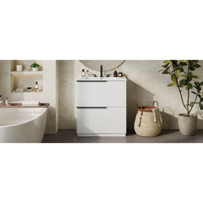 Meuble-lavabo de 30 po avec aspect blanc, tiroirs à extension et tiroir à fermeture en douceur avec compartiments de rangement intelligents, 17,5 po de long, fonction déversement