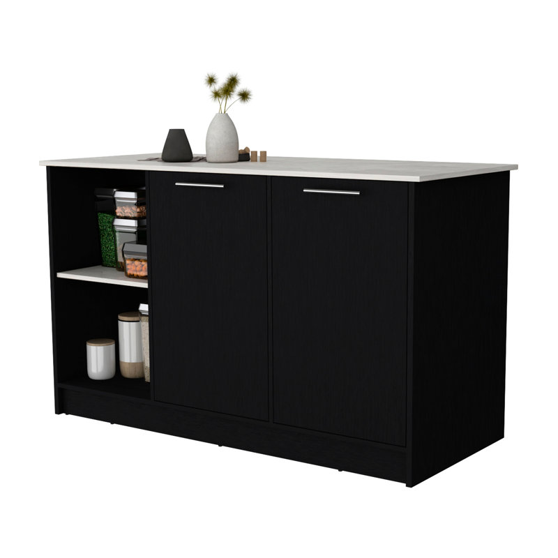 Îlot de cuisine en bois avec comptoir noir et couleur, grande capacité de rangement
