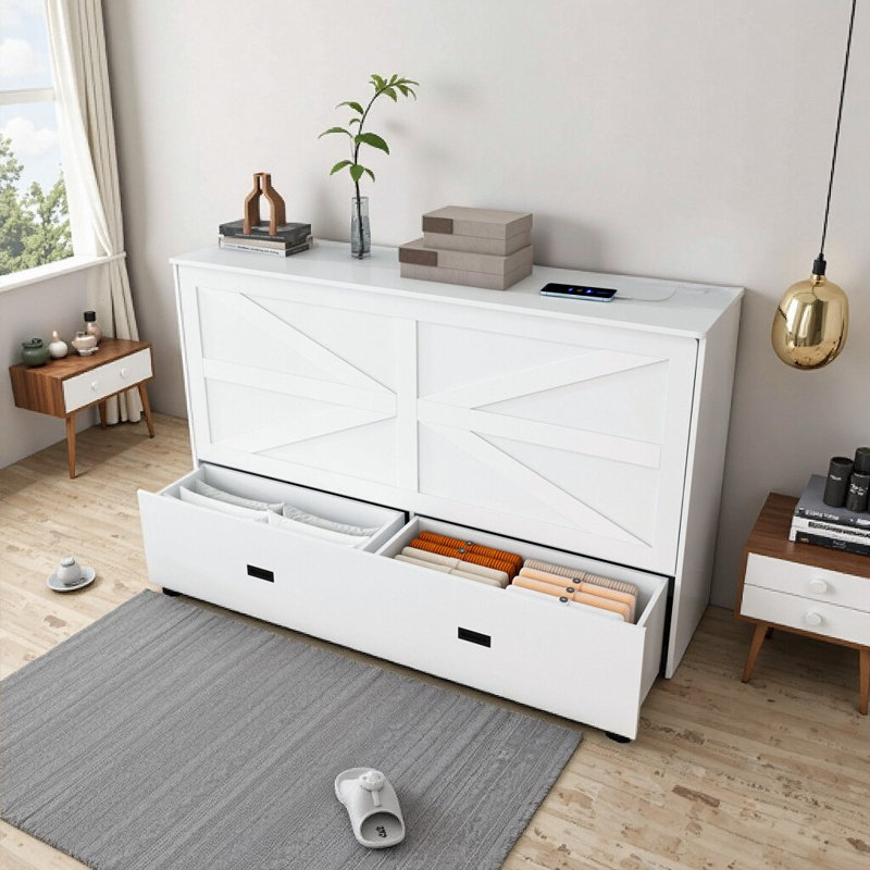 Armoire-lit escamotable blanche 57 po avec tiroirs de rangement et station de charge - lit mural pliable avec roulettes, peu encombrant