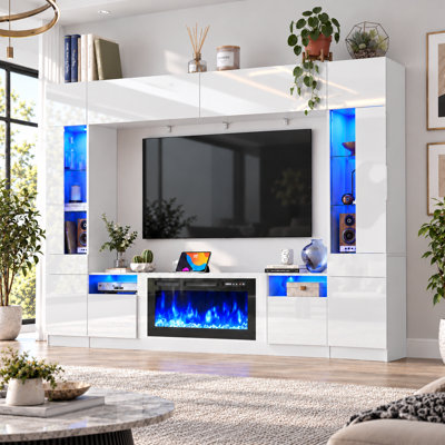 107" Fireplace Wall Unit Entertainment Center With Bookshelves, Modern TV Stand With Storage Shelves & Bridge Cabinet & LED Lights, Media Console For Living Room Home Theater