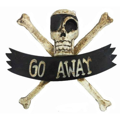 Hand Carved Wood Pirate Skull Cross Bone with Wrenches Go Away Sign