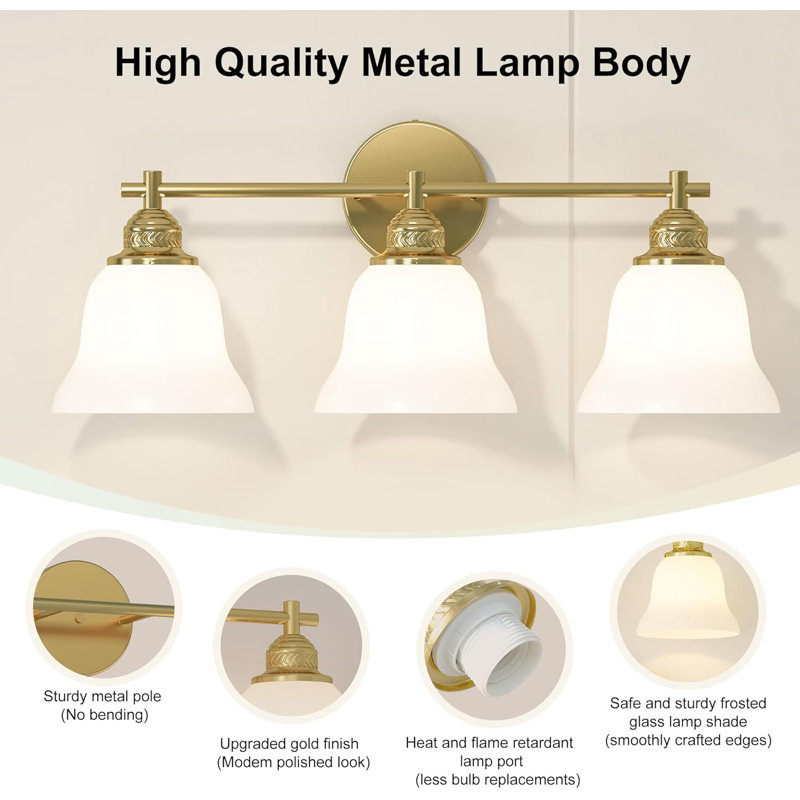 Luminaire de salle de bain moderne à 3 lumières avec abat-jour en verre givré, finition or brossé, applique murale câblée pour éclairage en miroir, certifié UL