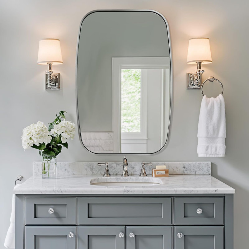 Contemporary Oblong Bathroom Vanity Mirror | Stainless Steel Thick Frame, 36" x 24", Brushed Nickel