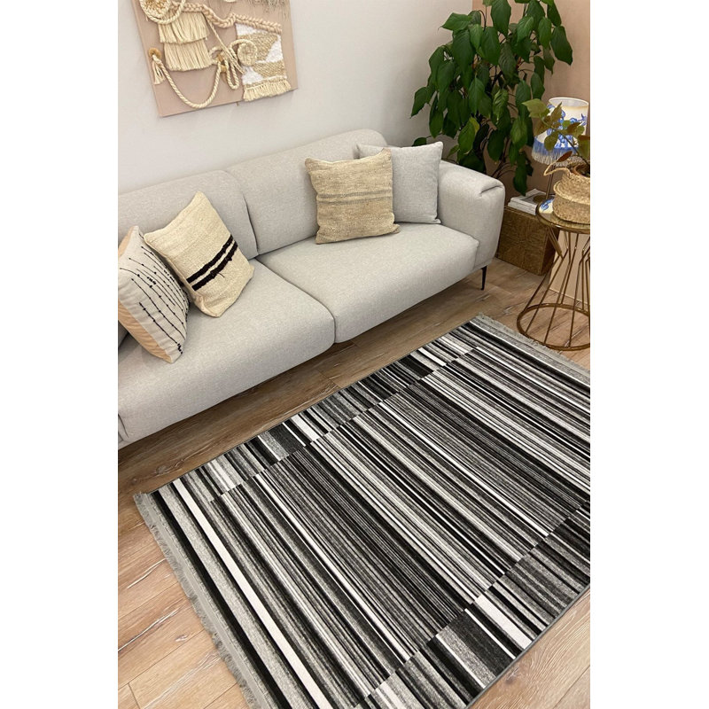 Black Striped Pattern Washable Rug, Rectangle 5'1" x 7'7"
