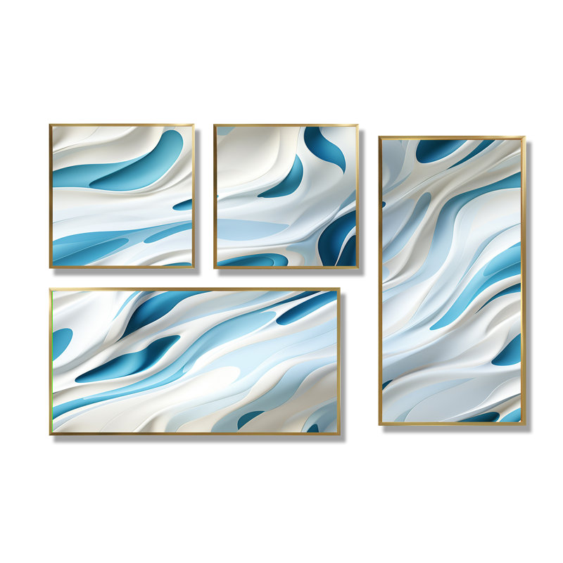 «Blue and White Snowy Serenity - Crème», reproduction d'art moderne sur toile 4 pièces, Doré