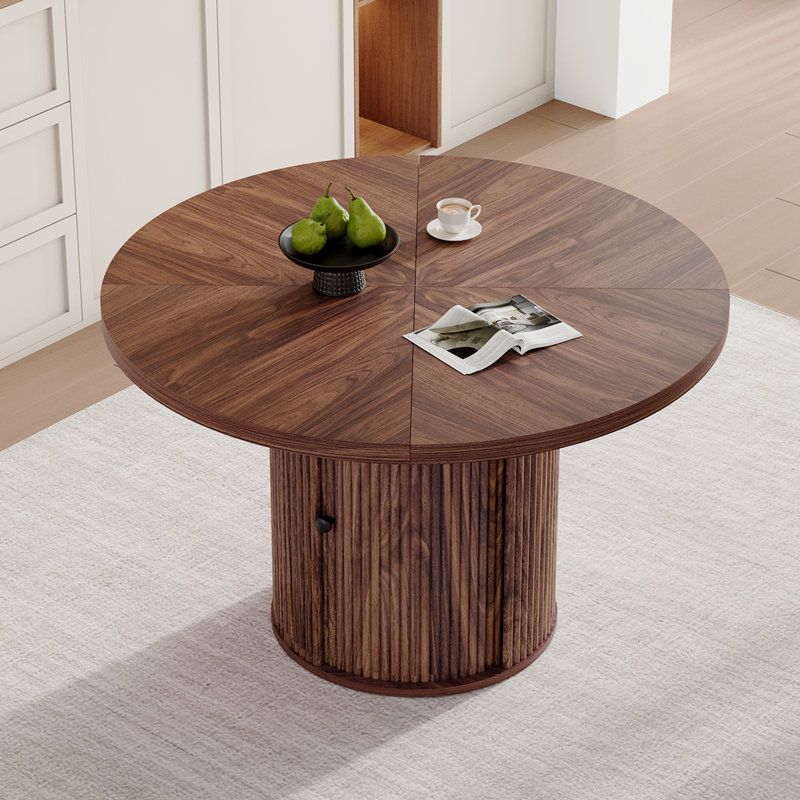 Table de salle à manger à piédestal ronde de 47 po, table de salle à manger de style bois avec rangement à double couche et colonne romaine