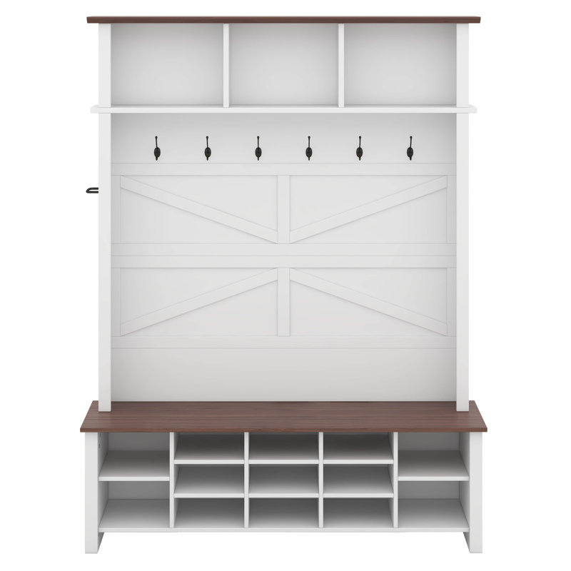 4-In-1 Hall Tree With 6 Hooks, Walnut Entryway Bench With Adjustable Shelves, Shoe Organizer With 16 Open Compartments, White