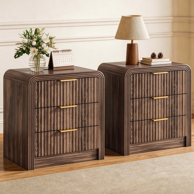 19.6'' W Walnut Three-Drawer Dresser, Rechargeable Nightstand, Set Of 2, Set of 2, walnut