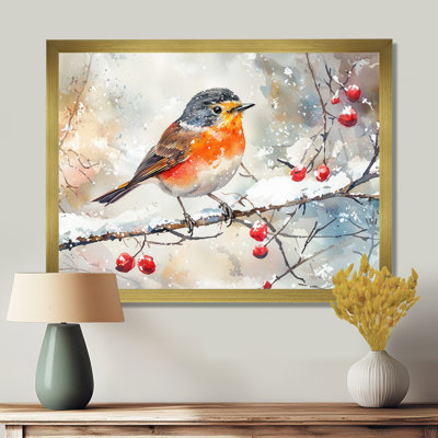 Oiseau Robin sur une branche enneigée II - oiseau, art mural